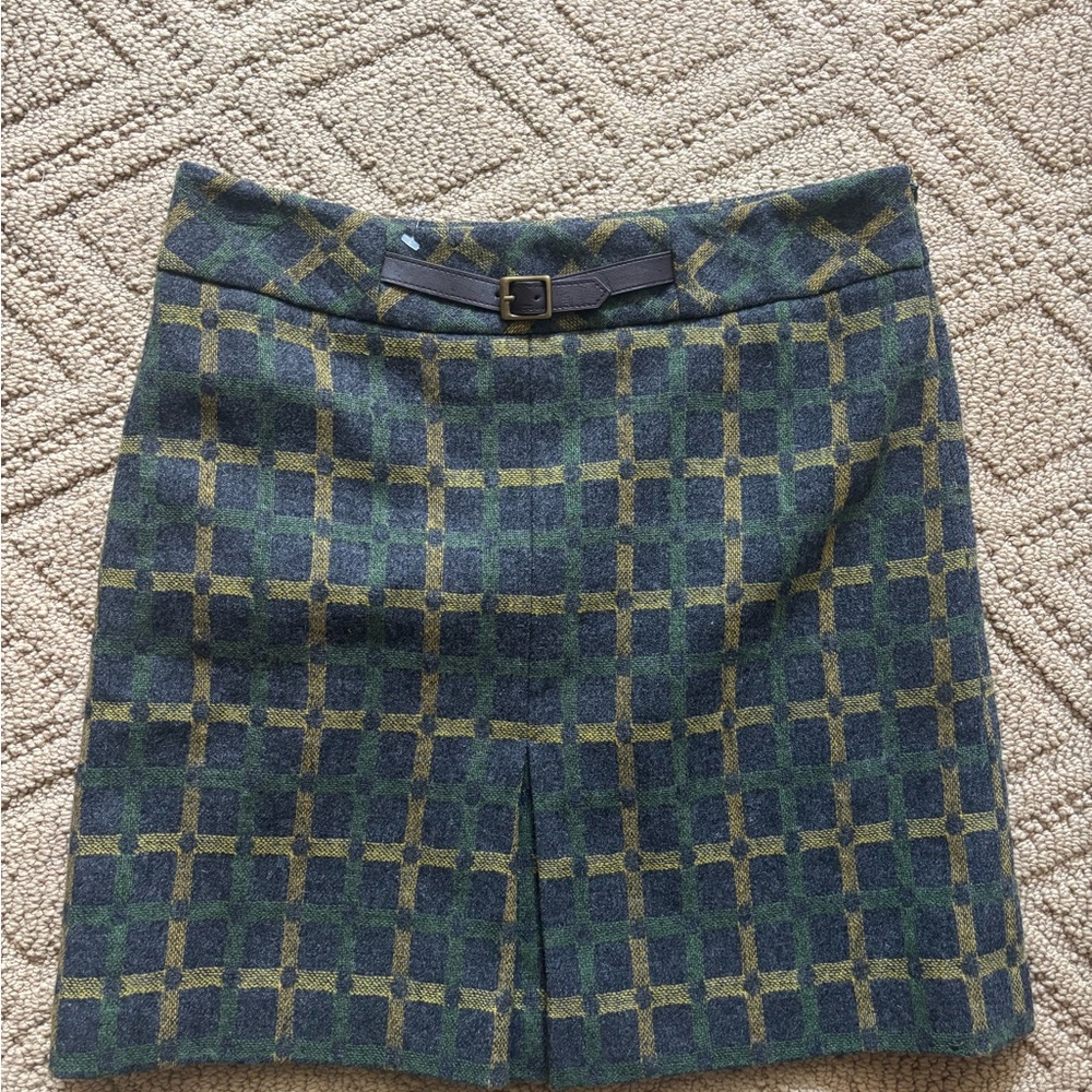 LOFT Green and Olive Plaid Mini Skirt with Front Buckle